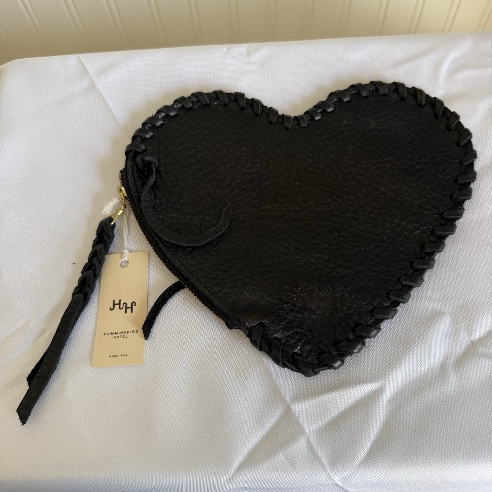 Hummingbird Hotel Black Leather Heart Zip Pouch Wallet Whipstitch Handmade CA